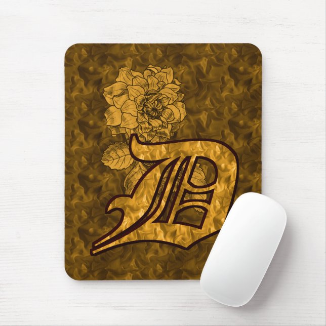 Monogram Initial D Gold Peony Flower Mouse Mat (With Mouse)