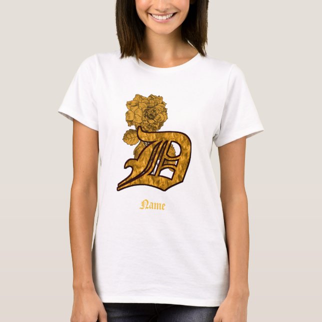 Monogram Initial D Gold Peony Flower Personalised T-Shirt (Front)