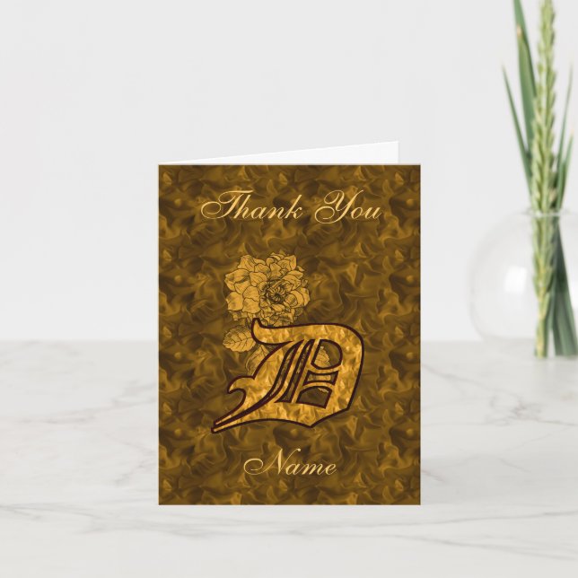 Monogram Initial D Gold Satin Peony Personalised Thank You Card (Front)