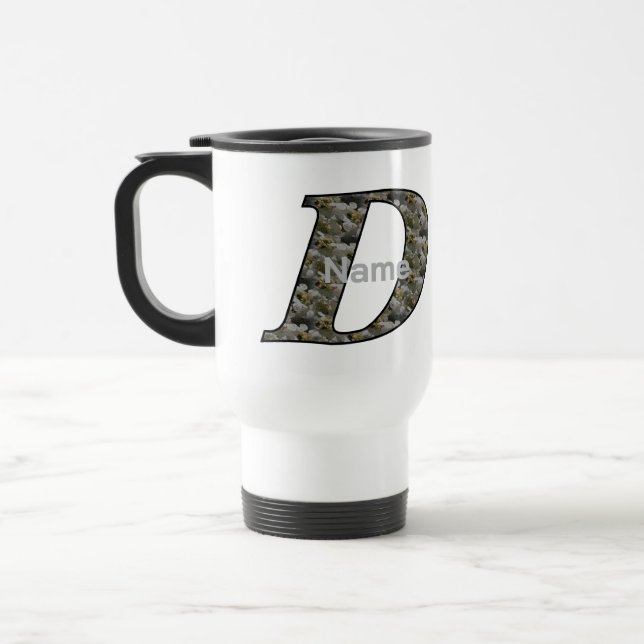 Monogram Initial D Hydrangea Flowers Personalised Travel Mug (Left)