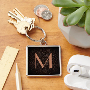 Monogram Initial Dark Floral Rose Golden Orange Key Ring