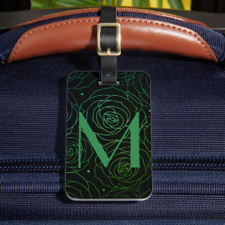 Monogram Initial Dark Floral Rose Green Blue Luggage Tag