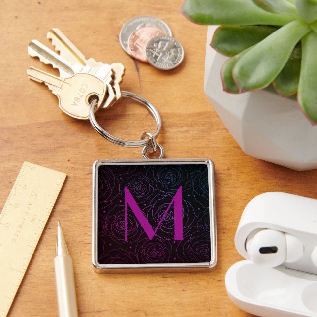 Monogram Initial Dark Floral Rose Magenta Purple Key Ring (Desk)
