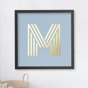 Monogram initial dusty blue any colour background foil prints