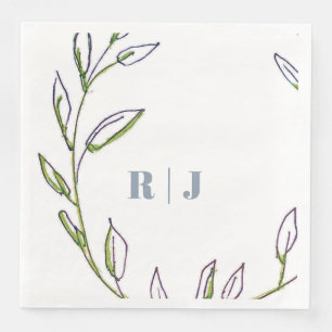 Monogram Initial Dusty Blue Green Leaf Art Wedding Napkin