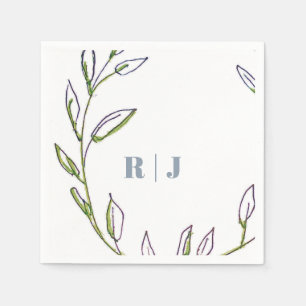 Monogram Initial Dusty Blue Green Leaf Art Wedding Napkin