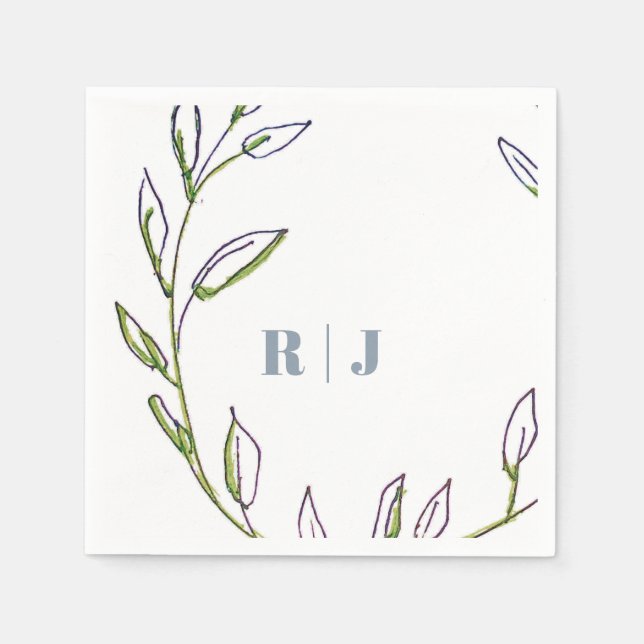 Monogram Initial Dusty Blue Green Leaf Art Wedding Napkin (Front)