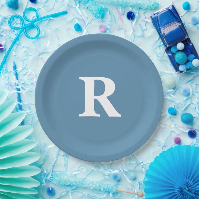 Monogram Initial Dusty Blue White Custom Colours Paper Plate (Party)