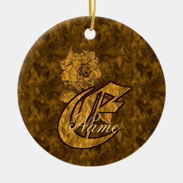 Monogram Initial E Elegant Gold Peony Personalised Ceramic Tree Decoration (Front)