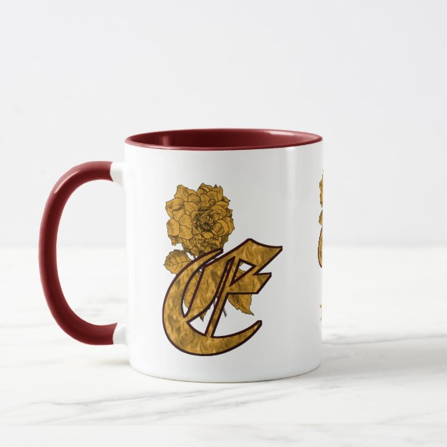 Monogram Initial E Elegant Gold Peony Personalised Mug (Left)