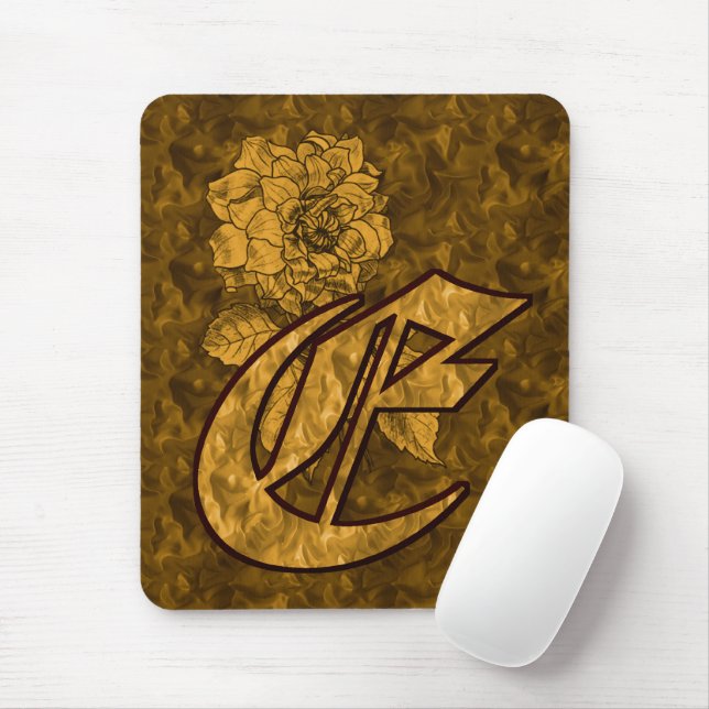 Monogram Initial E Gold Peony Flower Mouse Mat (With Mouse)