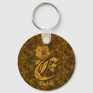 Monogram Initial E Gold Peony Personalised  Key Ring
