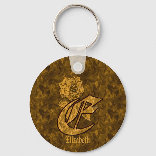 Monogram Initial E Gold Peony Personalised  Key Ring (Front)