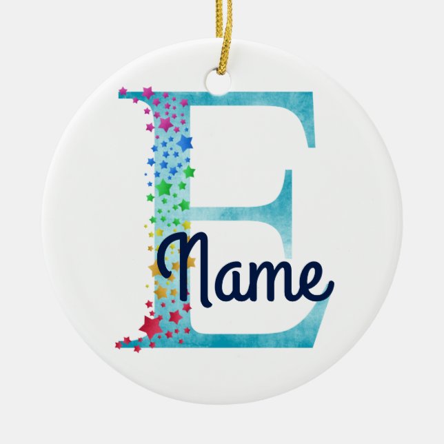 Monogram Initial E Rainbow Star design Ceramic Tree Decoration (Front)