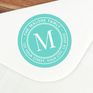 Monogram initial elegant aqua blue return address classic round sticker