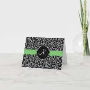 Monogram Initial Elegant Black Damask Green Ribbon Note Card