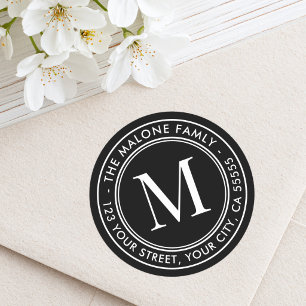 Monogram initial elegant black return address classic round sticker
