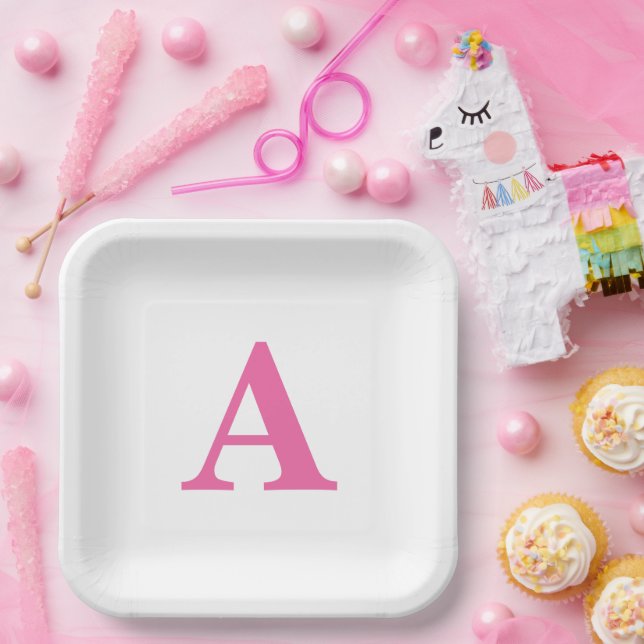 Monogram Initial Elegant Custom Name Pink White Paper Plate (Party)
