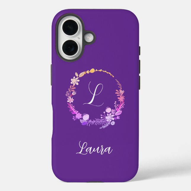Monogram Initial Elegant Custom Name Purple Floral Case-Mate iPhone Case (Back)