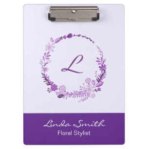 Monogram Initial Elegant Custom Name Purple Floral Clipboard