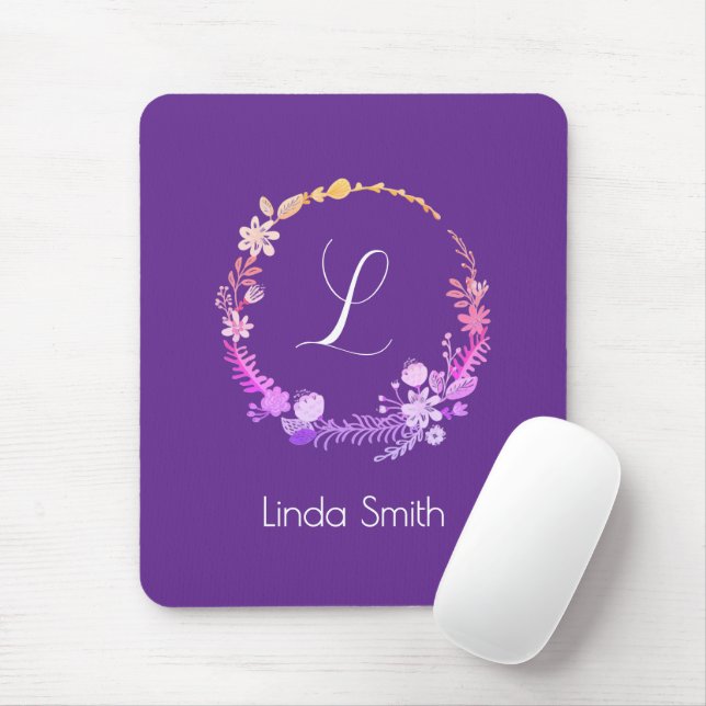 Monogram Initial Elegant Custom Name Purple Floral Mouse Mat (With Mouse)