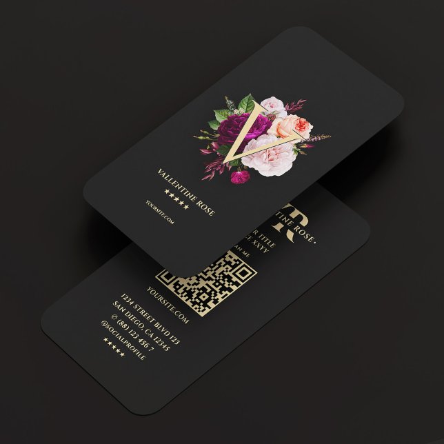 Monogram Initial Elegant Floral Rose Black  Business Card (Monogram Initial Elegant Floral Rose Black Gold Business Card
)