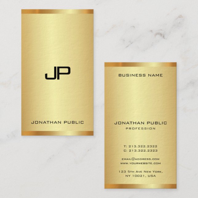Monogram Initial Elegant Gold Look Modern Vertical Business Card (Front/Back)