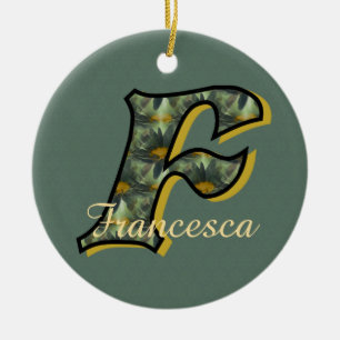 Monogram Initial F Daisies Floral Personalized  Ceramic Tree Decoration