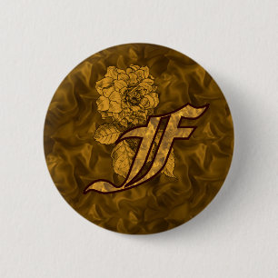 Monogram Initial F Elegant Gold Peony  6 Cm Round Badge