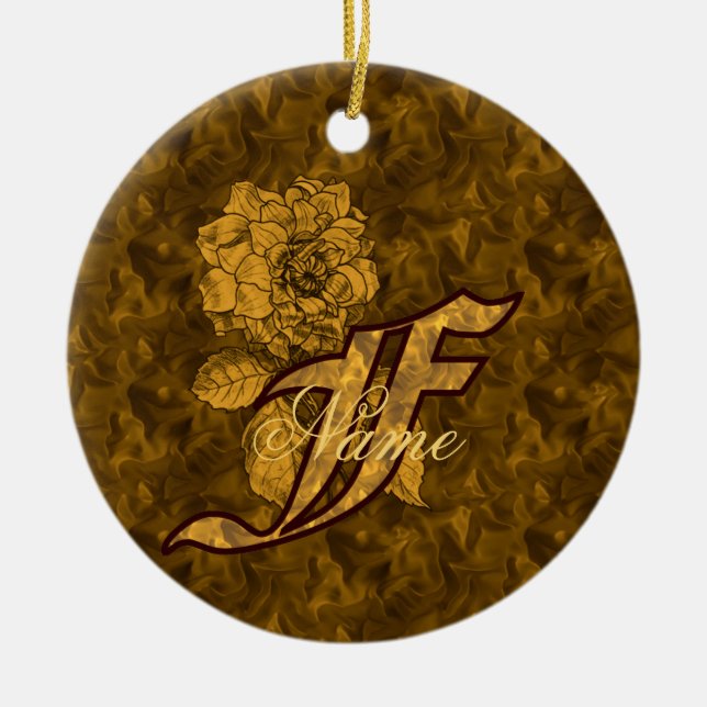 Monogram Initial F Elegant Gold Peony Personalised Ceramic Tree Decoration (Front)