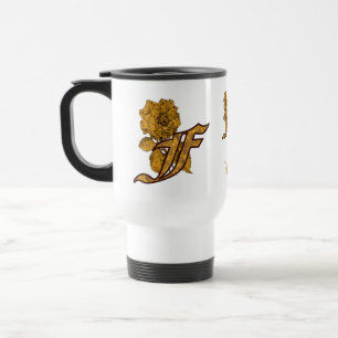 Monogram Initial F Elegant Gold Peony Personalised Travel Mug
