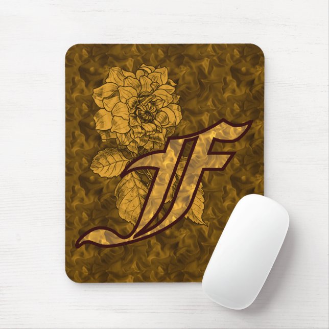 Monogram Initial F Gold Peony  Mouse Mat (With Mouse)