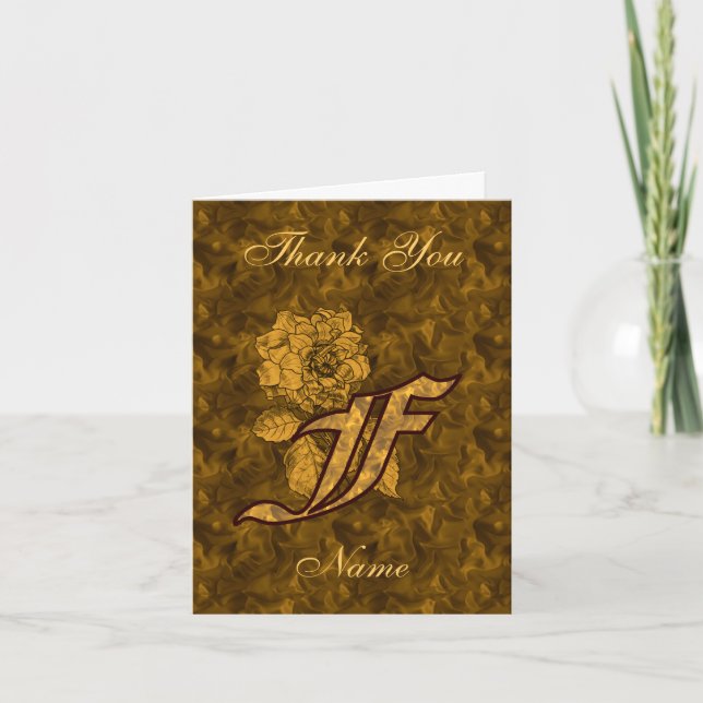 Monogram Initial F Gold Satin Peony Personalised Thank You Card (Front)