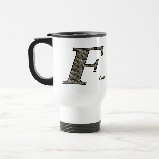 Monogram Initial F Hydrangea Flowers Personalised Travel Mug (Left)