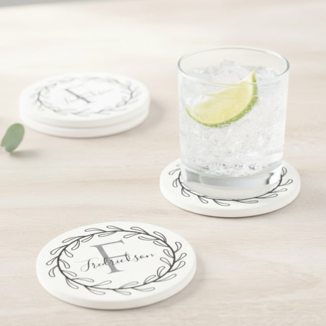 Monogram Initial Family Name Botanical Coaster (An elegant drink coaster with a botanical wreath and personalization-perfect for a housewarming gift)