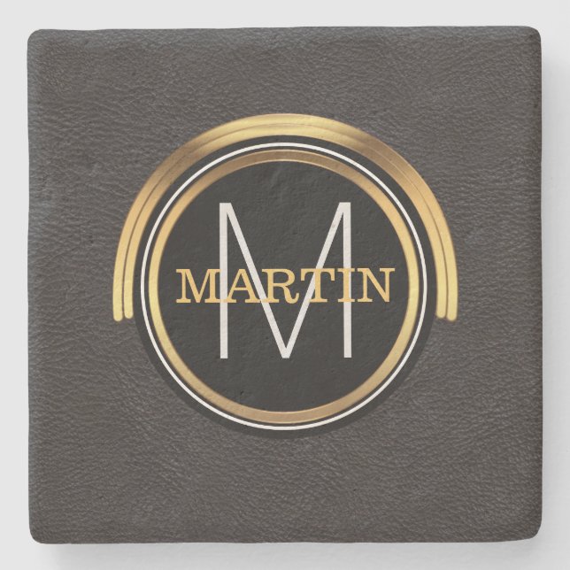 Monogram Initial Family Name Gold Black Leather Stone Coaster (Front)