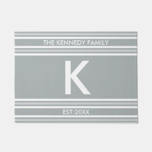 Monogram Initial Family Name Grey White Stripe Doormat