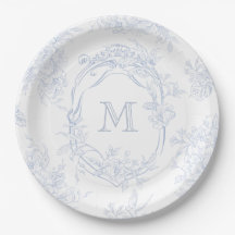 Monogram Initial Floral Blue Toile Wedding Bridal