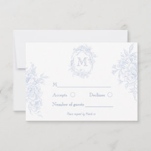 Monogram Initial Floral Blue Toile Wedding Bridal RSVP Card
