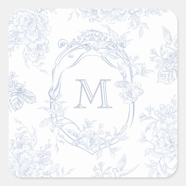 Monogram Initial Floral Blue Toile Wedding Bridal Square Sticker (Front)