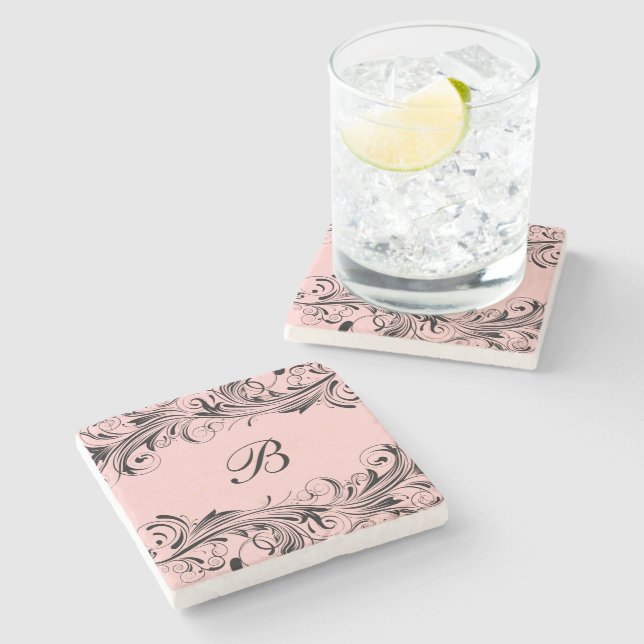 Monogram Initial Floral Flourish Drink Coasters (Side)