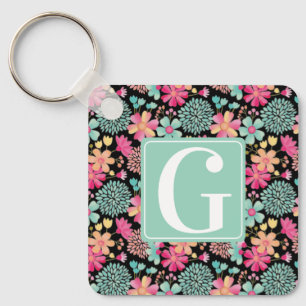 Monogram Initial Floral Painting Key Tag ID Key Ring