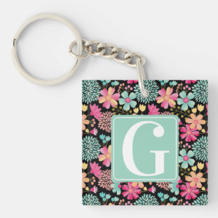 Monogram Initial Floral Painting Key Tag ID Key Ring