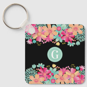 Monogram Initial Floral Painting Key Tag ID Key Ring