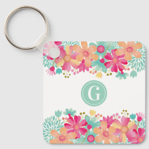 Monogram Initial Floral Painting Key Tag ID Ring