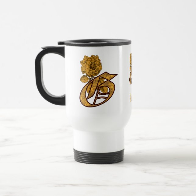 Monogram Initial G Elegant Gold Peony Personalised Travel Mug (Left)