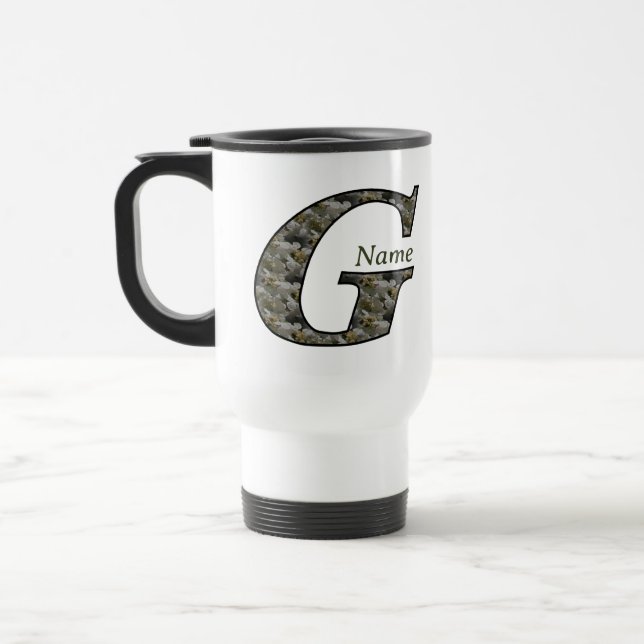 Monogram Initial G Hydrangea Flowers Personalised Travel Mug (Left)