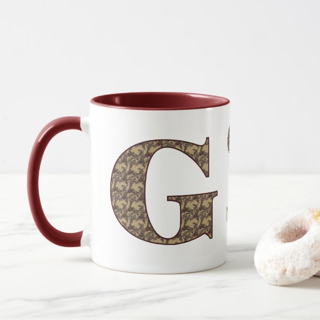 Monogram Initial G Vintage Floral Personalised Mug (With Donut)