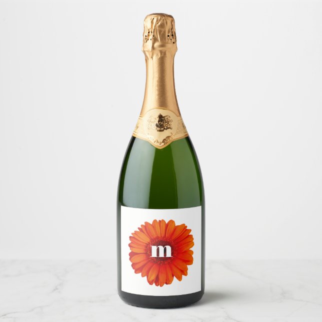 Monogram Initial Gerbera Daisy Sparkling Wine Label (Front)