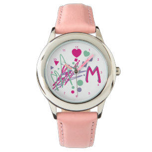 Monogram Initial Girl's Hearts Dots Squares Colour Watch